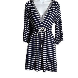Blue Caribbean Women's Striped Long Sleeve V-Neck Hooded Blue Cover Up Small